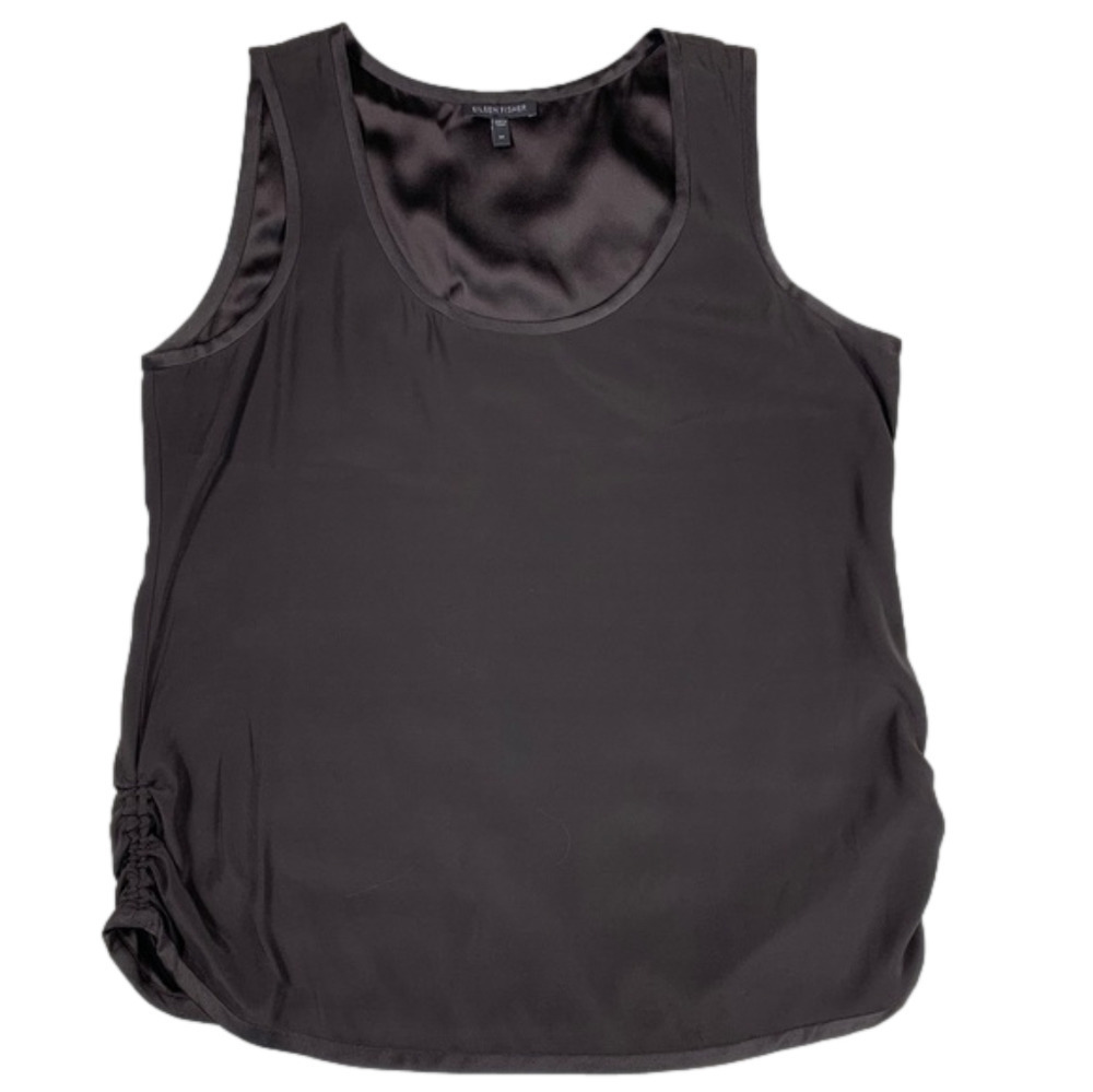 Eileen Fisher Brown Silk Sleeveless Top Blouse Ruched Sides Size Medium